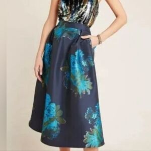 Anthropologie Midi Floral Embroidered Blue Skirt